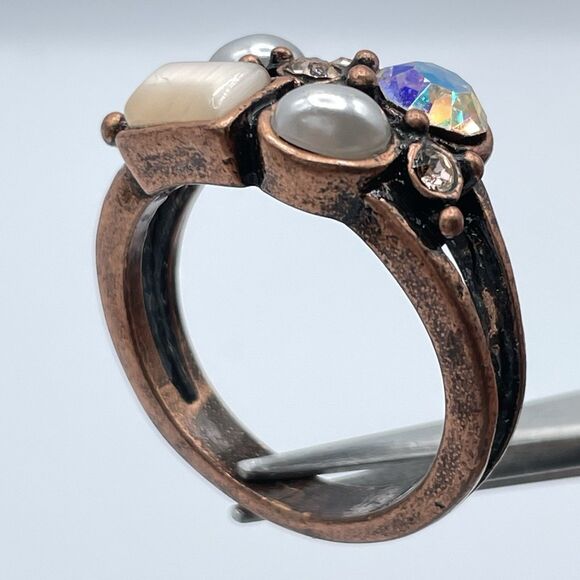 Vintage Unsigned Copper Tone Rhinestone Cat Eye Cluster Ring Band Sz 11 - Picture 4 of 6